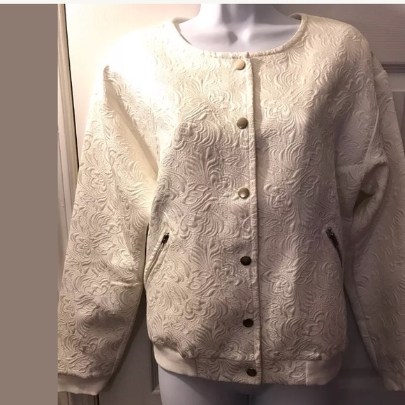 MUSTARD SEED Bomber Jacket Floral Off white Coat Textured Knit Snap silver close - Picture 8 of 8